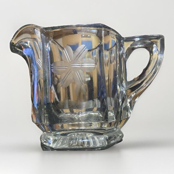 EAPG  CLEAR PANELED STARBURST HEAVY GLASS PEDESTAL BASE CREAMER FLORAL ETCHED - Picture 1 of 4